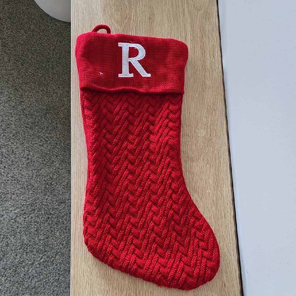 Red Knit Christmas Stocking with R Initial